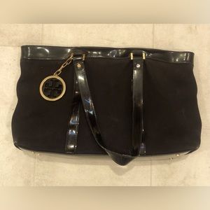 Tory Burch Jane Linen Satchel Bag Tote in black.  Good condition.